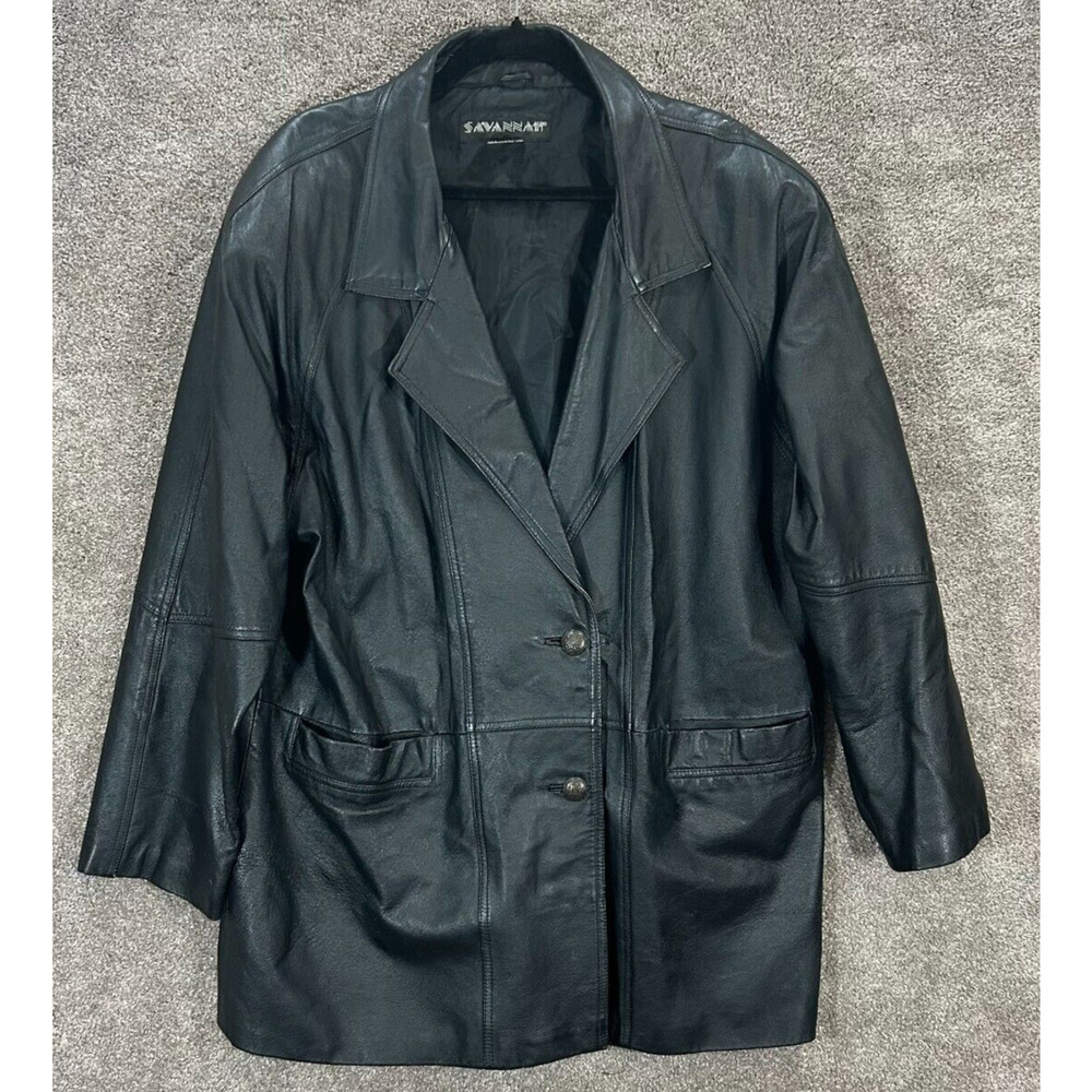 Savannah Coat Womens 1x Black Leather‎ Jacket Button Up Longer Length Y2K